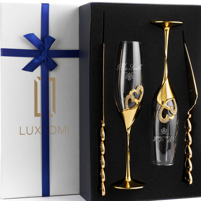 Personalized Wedding Flutes & Knife Set Heart Style