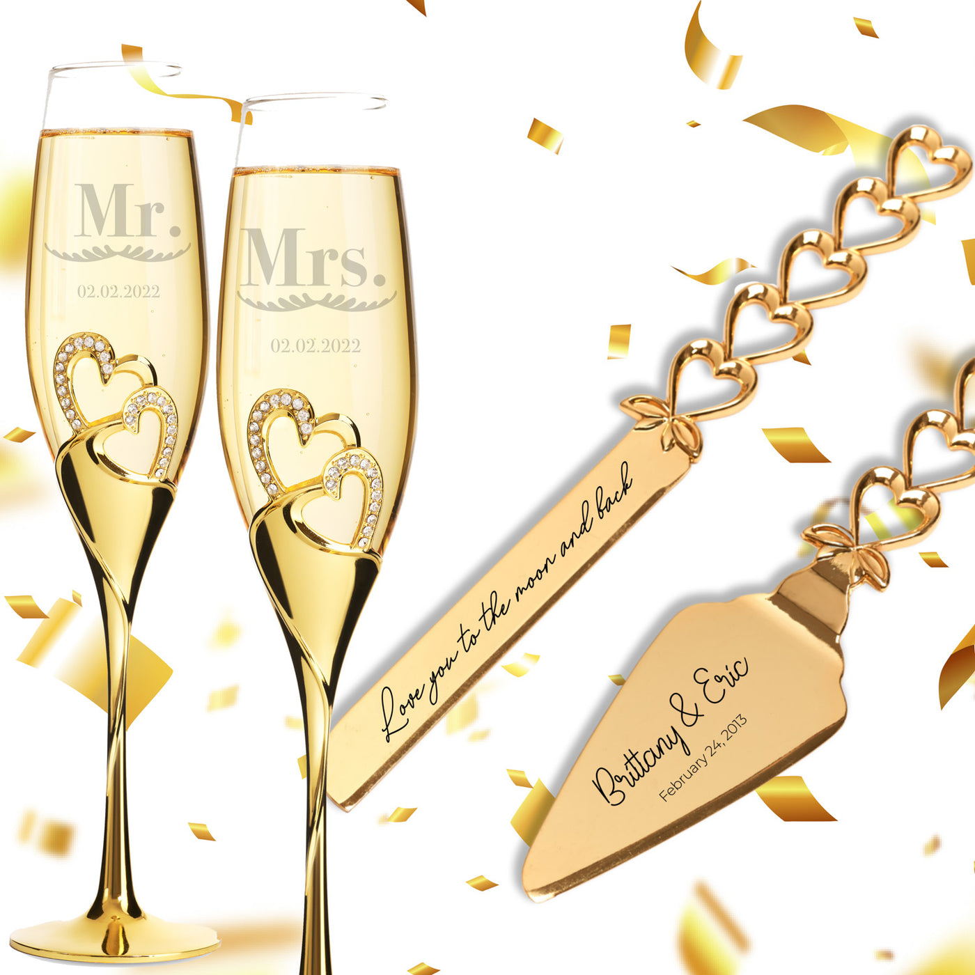 Personalized Wedding Flutes & Knife Set Heart Style