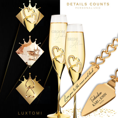 Personalized Wedding Flutes & Knife Set Heart Style