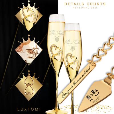 Personalized Wedding Flutes & Knife Set Heart Style