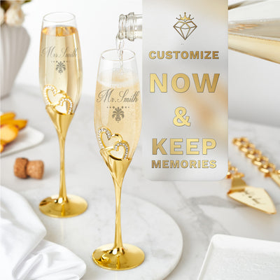 Personalized Wedding Flutes & Knife Set Heart Style