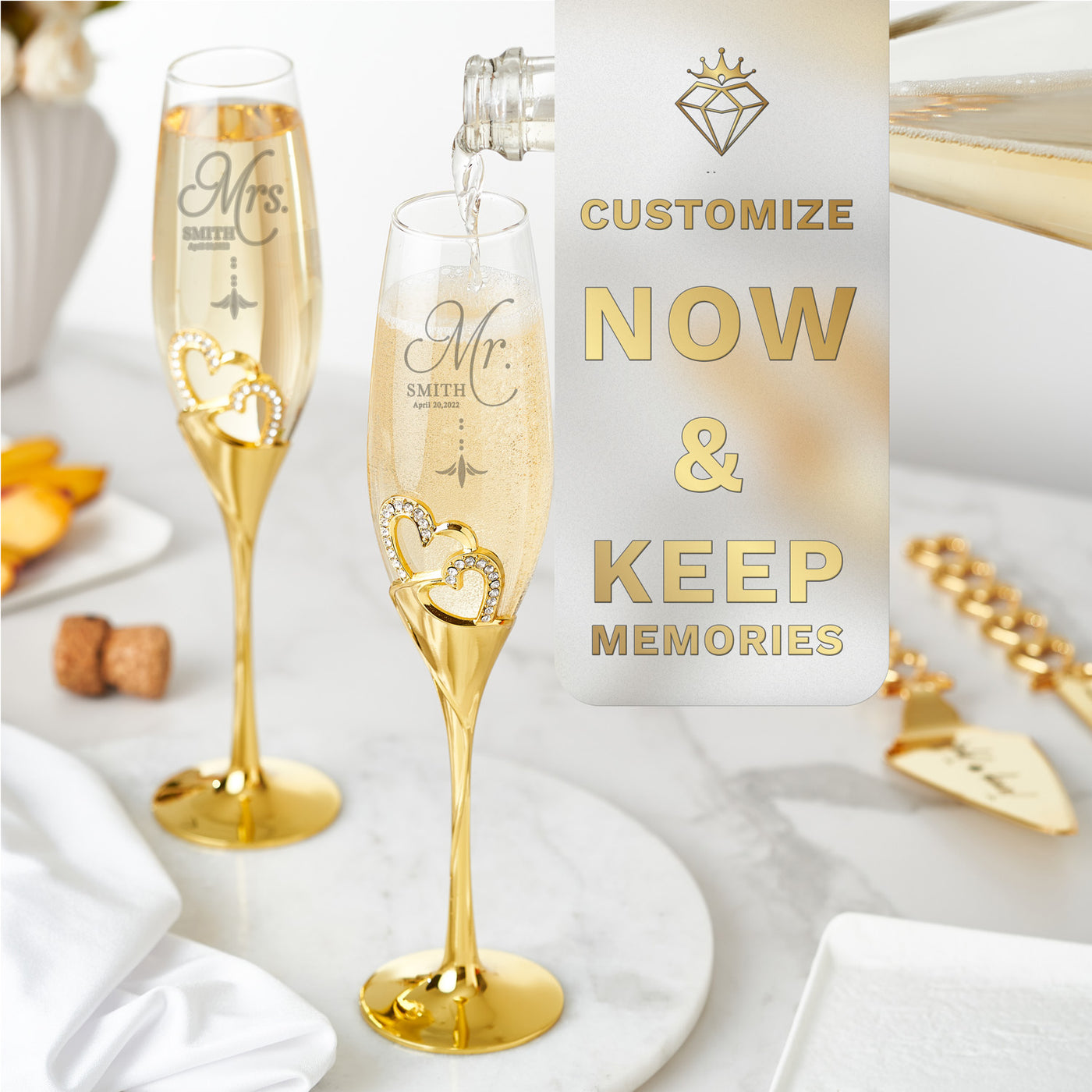 Personalized Wedding Flutes & Knife Set Heart Style