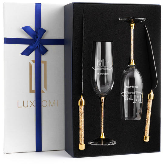 Personalized Wedding Flutes & Knife Set Luxury Style