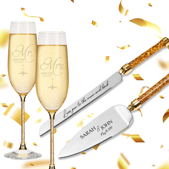 Personalized Wedding Flutes & Knife Set Luxury Style