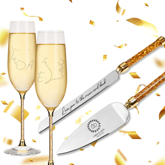 Personalized Wedding Flutes & Knife Set Luxury Style