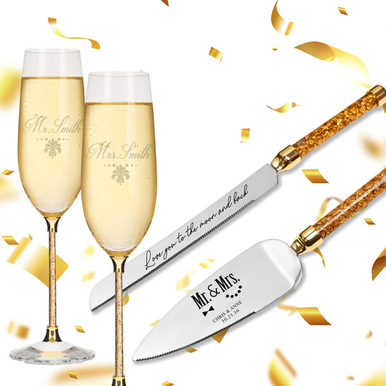 Personalized Wedding Flutes & Knife Set Luxury Style