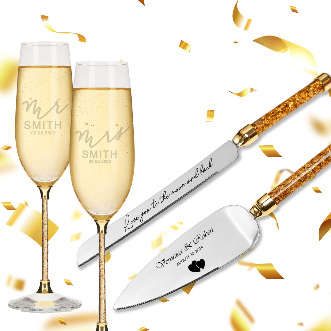 Personalized Wedding Flutes & Knife Set Luxury Style