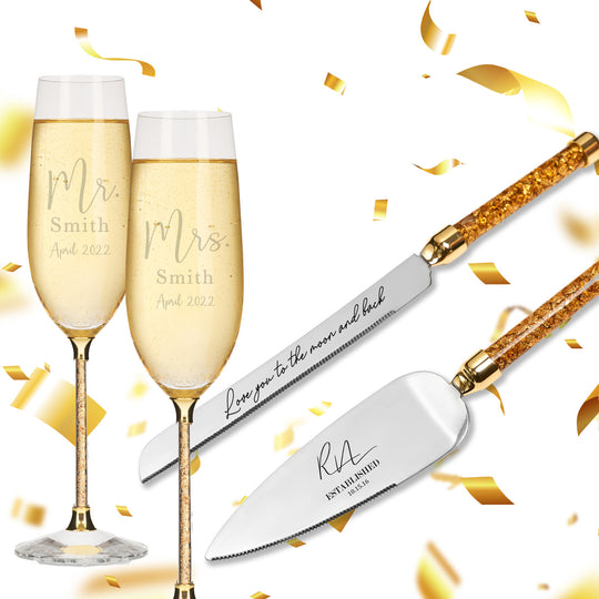 Personalized Wedding Flutes & Knife Set Luxury Style