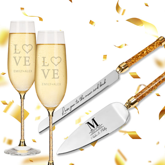 Personalized Wedding Flutes & Knife Set Luxury Style