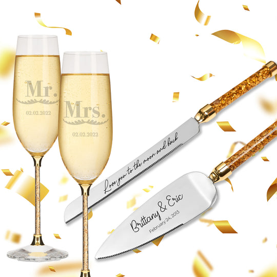 Personalized Wedding Flutes & Knife Set Luxury Style