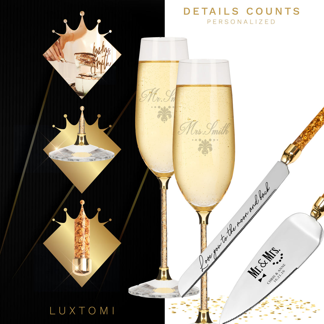 Personalized Wedding Flutes & Knife Set Luxury Style