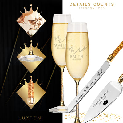 Personalized Wedding Flutes & Knife Set Luxury Style