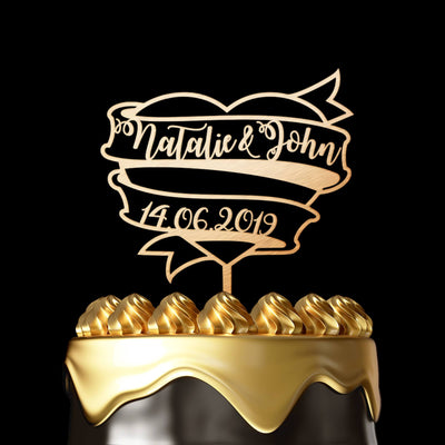 Personalized Gold Cake Toppers - Customized with Surname and Date for Your Wedding