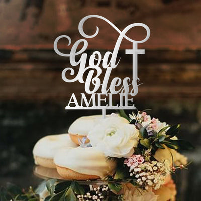 Gold Baptism cake topper, God Bless Christening Cake Topper by Luxtomi