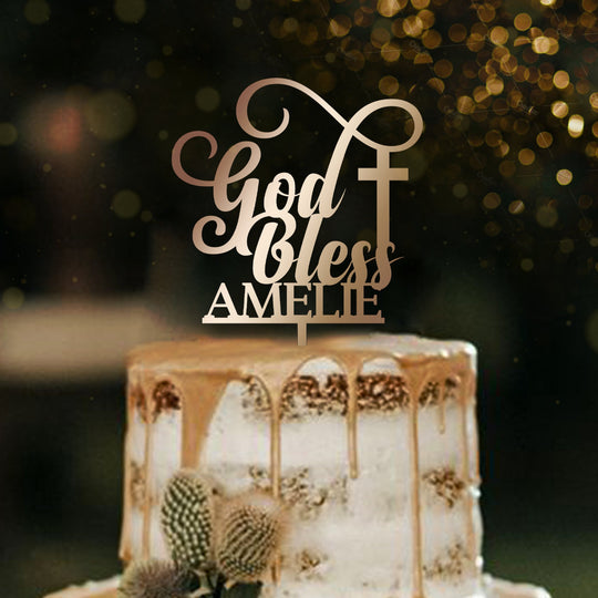 Gold Baptism cake topper, God Bless Christening Cake Topper by Luxtomi