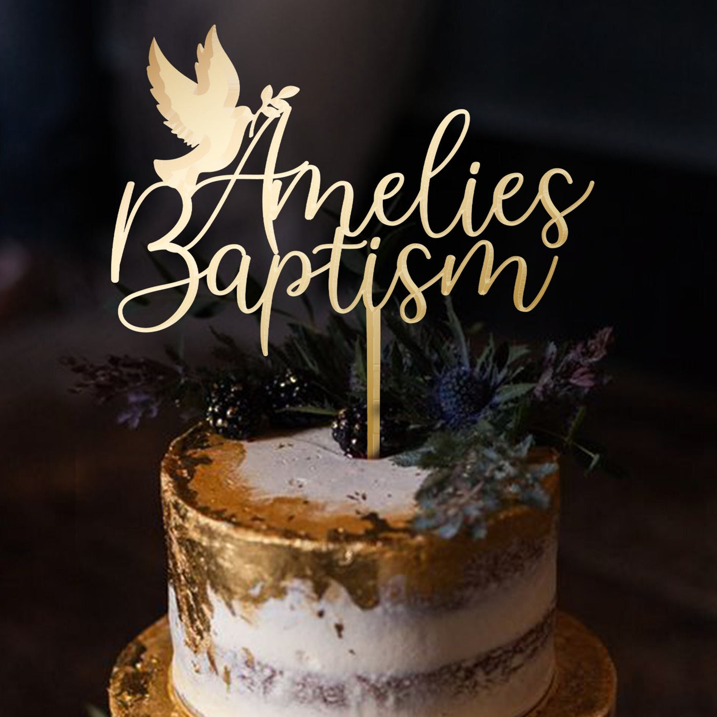 Gold Baptism cake topper, God Bless Custom Christening Cake Topper with personalized Name and Dove by Luxtomi