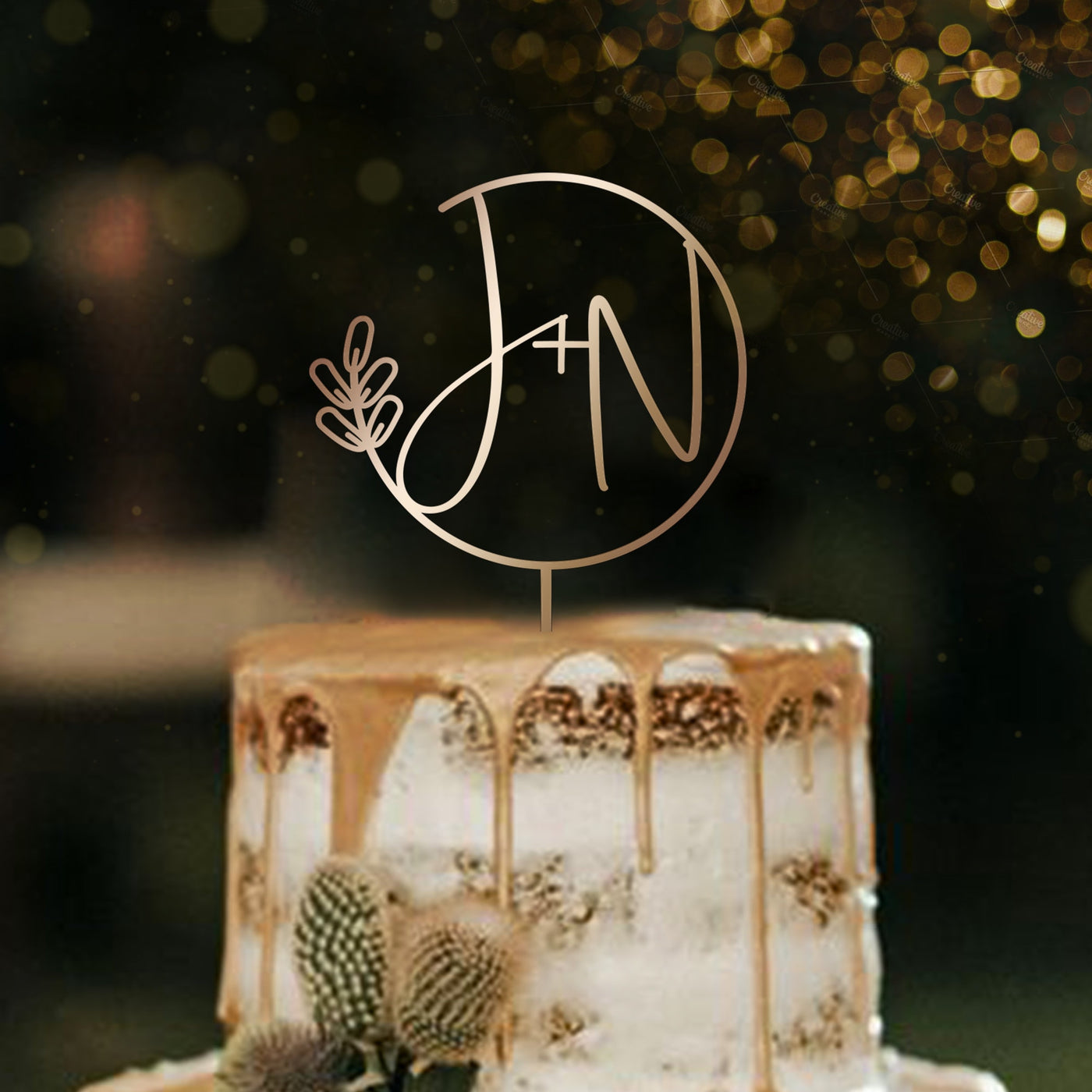 Gold monogram Wedding cake topper, Wreath Initial cake topper for Rustic wedding decor, Custom cake topper bride and groom