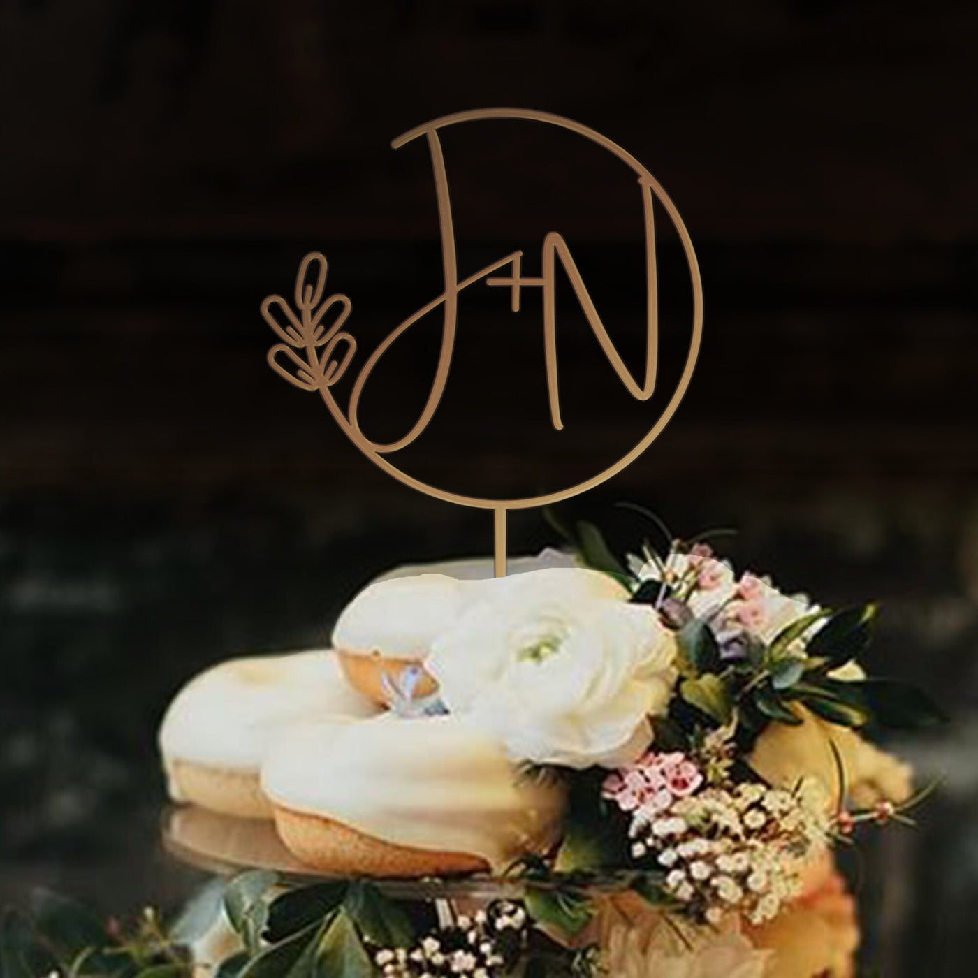Gold monogram Wedding cake topper, Wreath Initial cake topper for Rustic wedding decor, Custom cake topper bride and groom