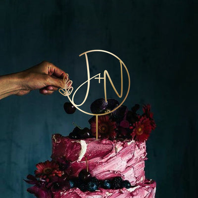 Gold monogram Wedding cake topper, Wreath Initial cake topper for Rustic wedding decor, Custom cake topper bride and groom