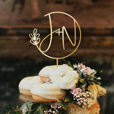 Gold monogram Wedding cake topper, Wreath Initial cake topper for Rustic wedding decor, Custom cake topper bride and groom